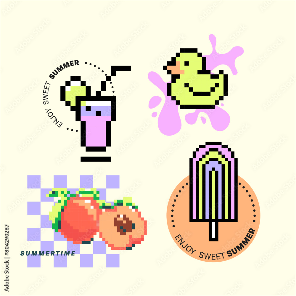 Pixel Y2k retro sticker. Funny summertime art. Swag Fluid shapes, pixelated ice-cream, duck, peach, drink. Abstract shapes, checkered print and 8bit icons in trendy retro style. Trendy pastel colors Pixel Y2k retro sticker. Funny summertime art. Swag Fluid shapes, pixelated ice-cream, duck, peach, drink. Abstract shapes, checkered print and 8bit icons in trendy retro style. Trendy pastel colors