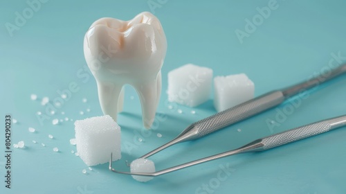 Tooth model surrounded by sugar cubes, depicting dental decay risk. Oral health dangers from added sugars © olga_demina