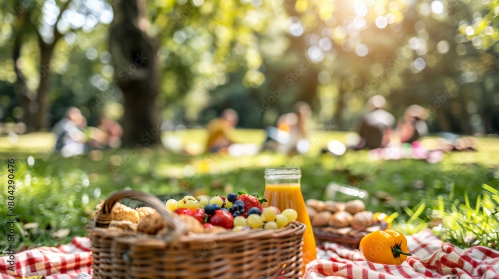 Family enjoying a healthy outdoor meal, featuring fruits and vegetables at a park picnic Family enjoying a healthy outdoor meal, featuring fruits and vegetables at a park picnic