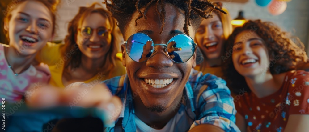 Obraz premium A group of diverse friends taking a collective selfie at home. One guy holds his smartphone, while others smile, laugh, and do duck lips. Young people using a live stream of their home party.