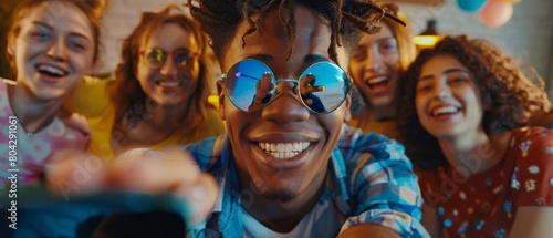 A group of diverse friends taking a collective selfie at home. One guy holds his smartphone, while others smile, laugh, and do duck lips. Young people using a live stream of their home party.