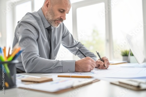 Businessman drawing line on paper at desk in creative office