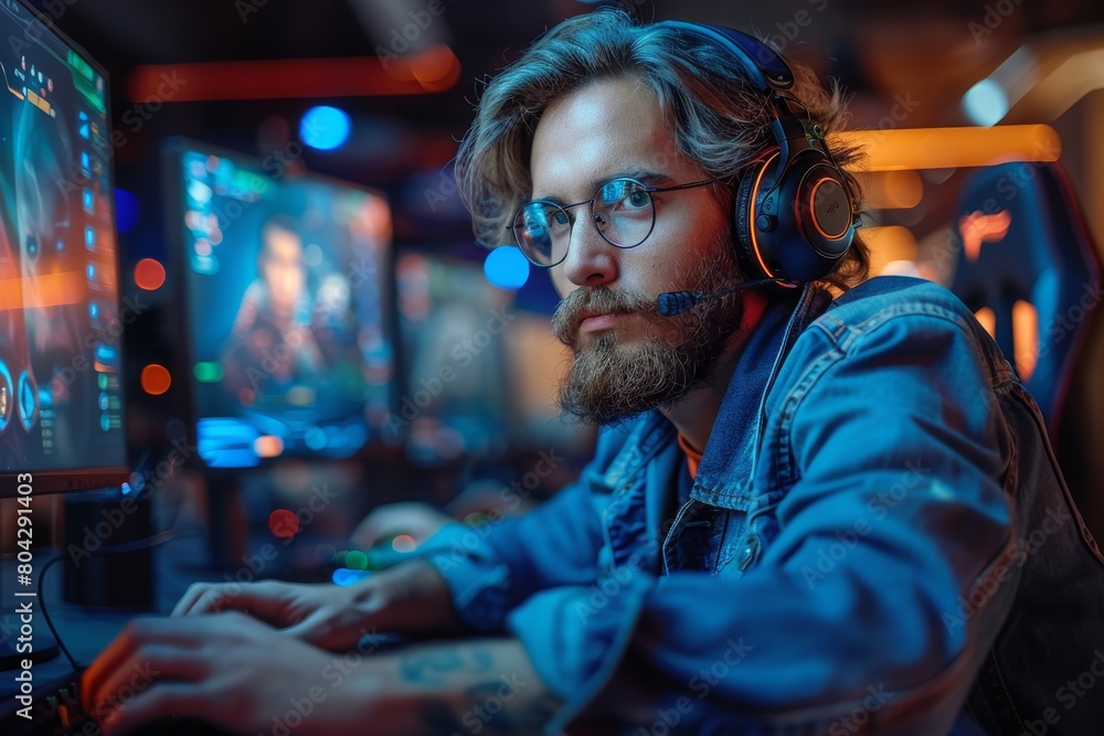 A focused bearded man wearing glasses and headphones plays video games, surrounded by colorful lighting A focused bearded man wearing glasses and headphones plays video games, surrounded by colorful lighting