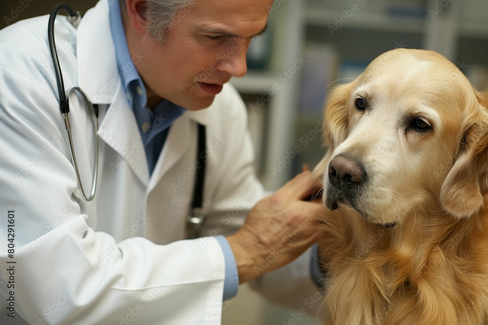 Veterinarian gently examining golden retriever, caring animal healthcare professional