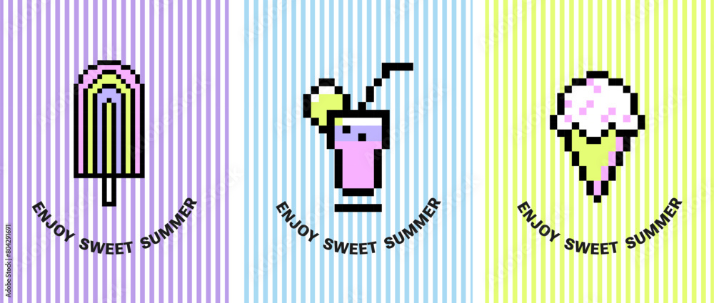 Obraz premium Pixel Y2k retro sticker with text and modern striped background. Funny sweet summer cards. Pixelated con, stick ice creams and cold cocktail. 8bit icons in trendy retro style. Print with Nice Text.