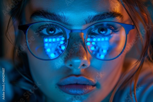Close-up of a woman with glasses reflecting blue light, highlighting digital screen exposure effects