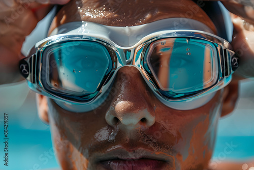 Athlete adjusting their swim goggles at the edge of an Olympic pool  focus on the reflection in the goggles of the water