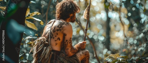A caveman wearing animal skin holds a stone-tipped spear and looks around in a hunt for animals in the prehistoric forest. Neanderthal hunting for food in the jungle. photo