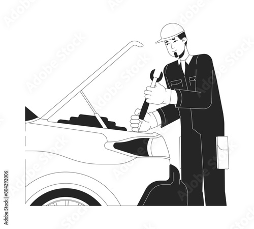 Skilled caucasian mechanic repairing car black and white 2D line cartoon character. Male worker at auto service isolated vector outline person. Vehicle maintenance monochromatic flat spot illustration