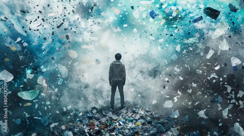Creative abstract collage young man stands on lot of garbage planet dirty save Earth pollution environmet destruction ecosystem support