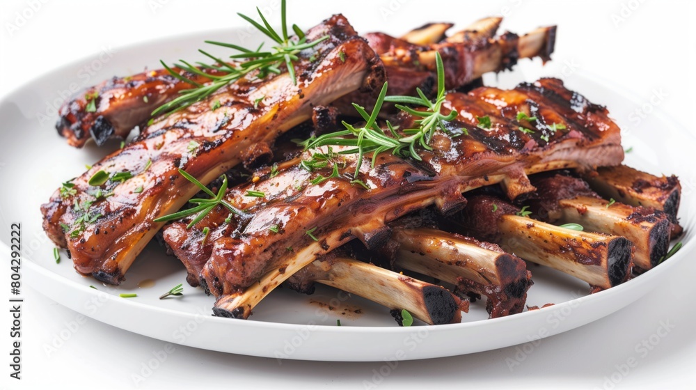 A plate of delicious grilled ribs with herbs and spices.