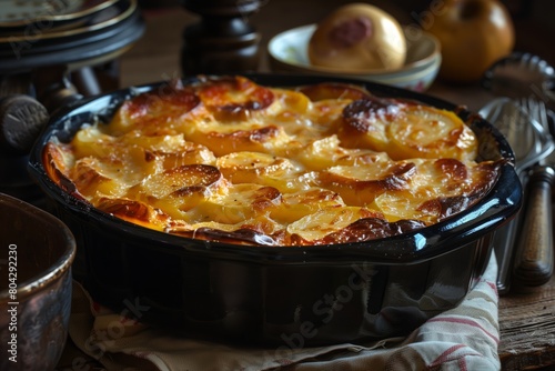 A Provencal Gratin with golden brown potatoes and melted cheese on top, in black ceramic dish, in a rustic kitchen.