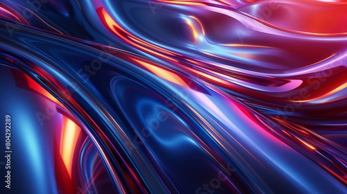 Abstract background blue and red gradient, curved lines of light, a shiny chrome texture.