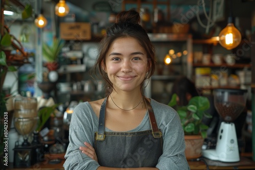 A smiling woman with her arms crossed stands in a vibrant café environment
