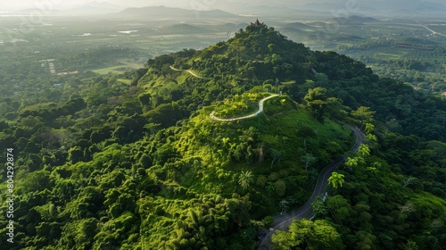 Aerial view of green forest in tropical. Viewpoint on the mountain. Road path hidden in the forest. At Wat Chaloem Phra Kiat Phrachomklao Rachanusorn Lampang Thailand. © Anastasija