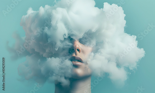 Captivating Minimalist Portrait of Dreaming Head Obscured by Wispy Clouds of Imagination and Introspection photo