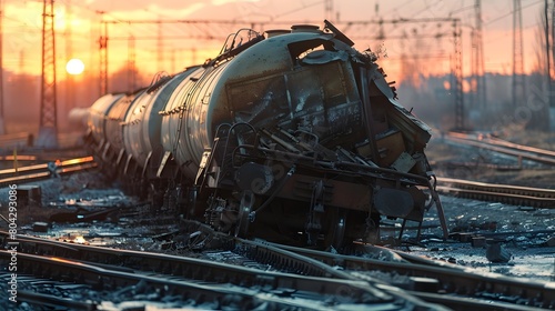 Catastrophic Diesel Train Derailment at Railway Crossing Causing Extensive Damage and Chaos photo
