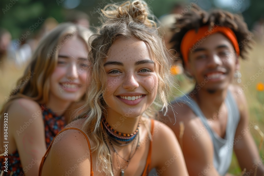 A group of three friends in festival attire share a playful and carefree moment together in a field of flowers A group of three friends in festival attire share a playful and carefree moment together in a field of flowers