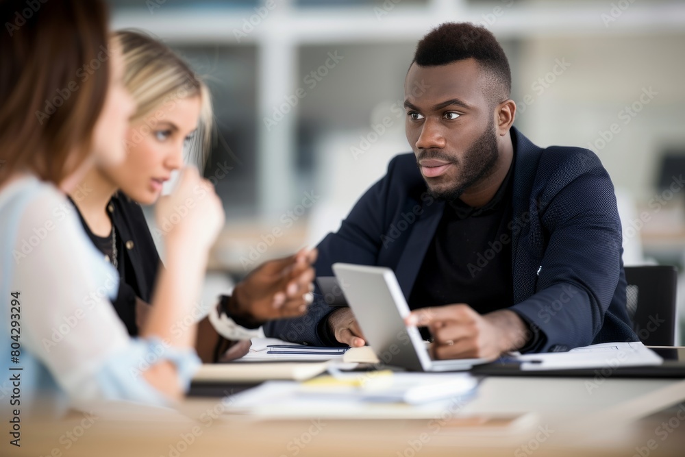 Businessman planning strategy with female colleagues at desk in office meeting Businessman planning strategy with female colleagues at desk in office meeting