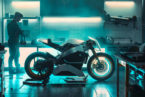 A bike customizer in a workshop, showcasing a retro-futuristic electric motorcycle, set against an innovation teal background photo