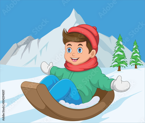 cartoon boy sledding down a snow hill