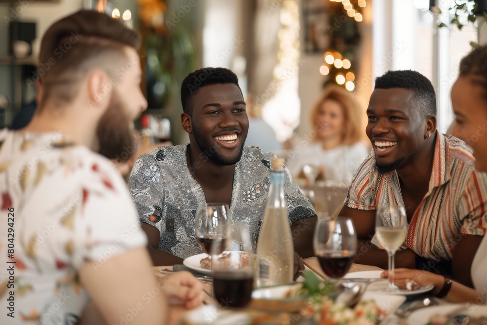 Cheerful friends having fun at dining table during dinner party
