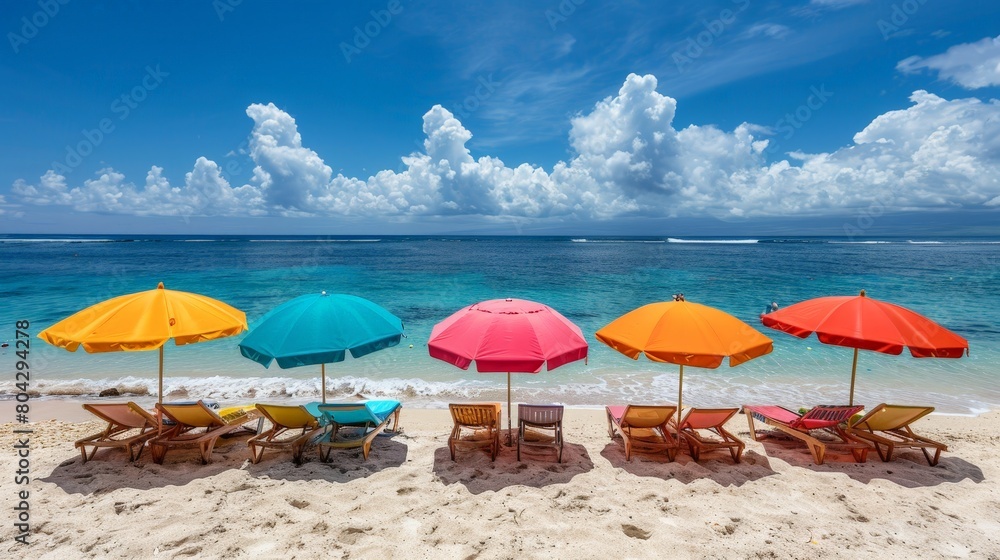 Group of Lawn Chairs and Umbrellas on Beach