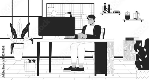 Arab man with obesity working in office black and white line illustration. Plus sized middle eastern male at computer 2D character monochrome background. Workplace outline scene vector image