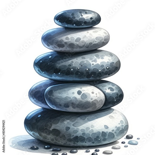 Stones, pyramid, cairn, hot stones, massage, beauty salon, watercolor illostration, isolated, white background