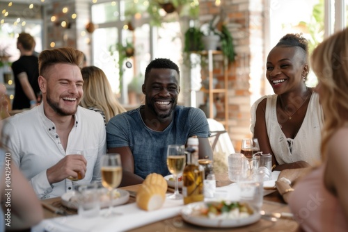 Cheerful friends having fun at dining table during dinner party