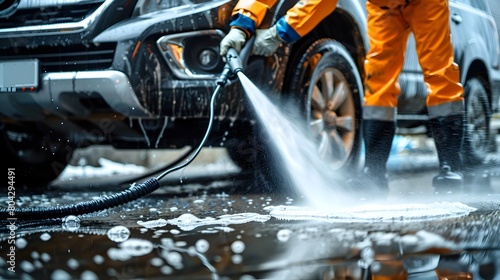 Dedicated Young Man Cleaning an SUV with a Pressure Washer Machine photo