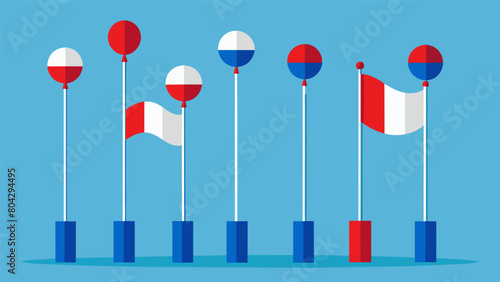 A row of balloon flag poles each one topped with a fluttering balloon flag in red white and blue.. Vector illustration