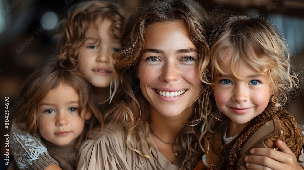A portrait of a mother with her children, laughing and happy A portrait of a mother with her children, laughing and happy