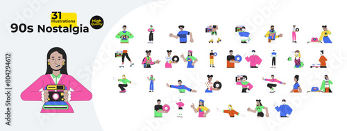 Nostalgic 1980s people line cartoon flat illustration bundle. Style retro teenagers diverse 2D lineart characters isolated on white background. Leisure 90s hobbies vector color image collection