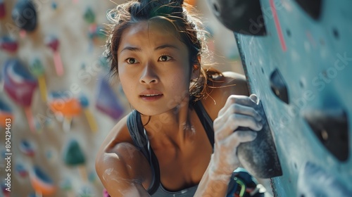 Determined Asian Woman Climbing Outdoor Bouldering Wall at Fitness Gym for Active Exercise and Recreation