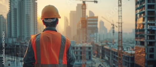 A worker contractor wearing a hard hat and safety vest walks around an industrial building construction site. In the background is a crane and skyscraper concrete formwork frames.