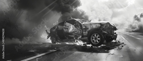 An horrific traffic accident involving a rollover vehicle lying on its roof after a collision. Daytime crash scene with damaged vehicle. Shot in black and white. photo
