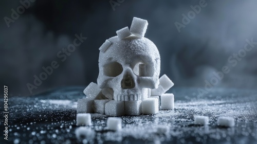 Chilling sugar skull surrounded by granulated sugar, visualizing the peril of sugar. photo