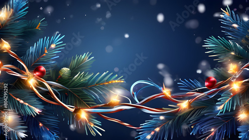 A holiday-themed border of tangled branches with twinkling Christmas lights, transparent background, digital rendering suitable for festive designs