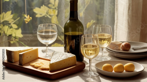 White wine and cheese platter served on the table