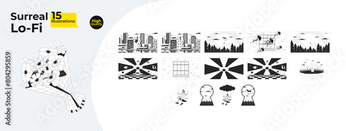 Dreaming surrealistic black and white 2D illustrations concepts bundle. Surreal absurd cartoon outline scenes. Big cat, teabag lake, flying car, psychedelic metaphors monochrome vector art collection