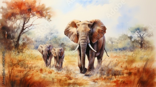 Two elephants in the savanna watercolor painting