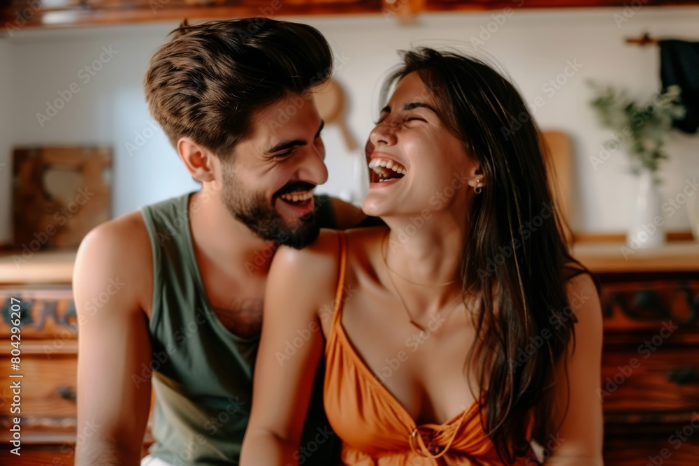 Naklejka premium Couple laughing together sitting in front of drawers at home