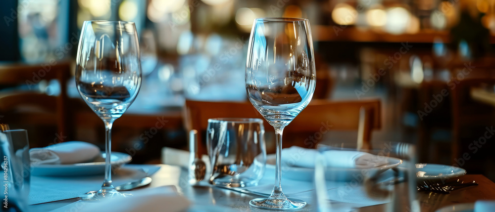 Close up of served buffet table with wine glasses at the luxury restaurant. Summer vacation. Romantic ambience for chilling. Generative ai Close up of served buffet table with wine glasses at the luxury restaurant. Summer vacation. Romantic ambience for chilling. Generative ai
