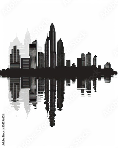 A black and white cityscape with skyscrapers reflecting in the water below.