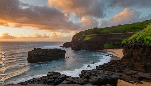beautiful scenery of rock formations by the sea at queens bath, kauai, hawaii at sunset
