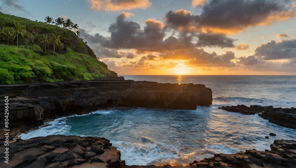 beautiful scenery of rock formations by the sea at queens bath, kauai, hawaii at sunset beautiful scenery of rock formations by the sea at queens bath, kauai, hawaii at sunset