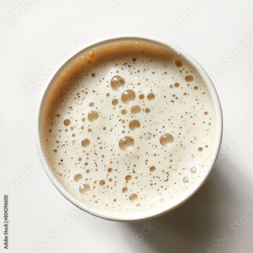 quality advertising photo in fashion magazine style with clean white background. Grain shake in a white cup, background is white, top view 