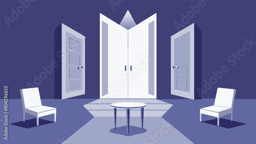 A set of mirrored doors leading to a room with allwhite decor and furniture creating a dreamlike surreal atmosphere..