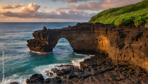 beautiful scenery of rock formations by the sea at queens bath, kauai, hawaii at sunset